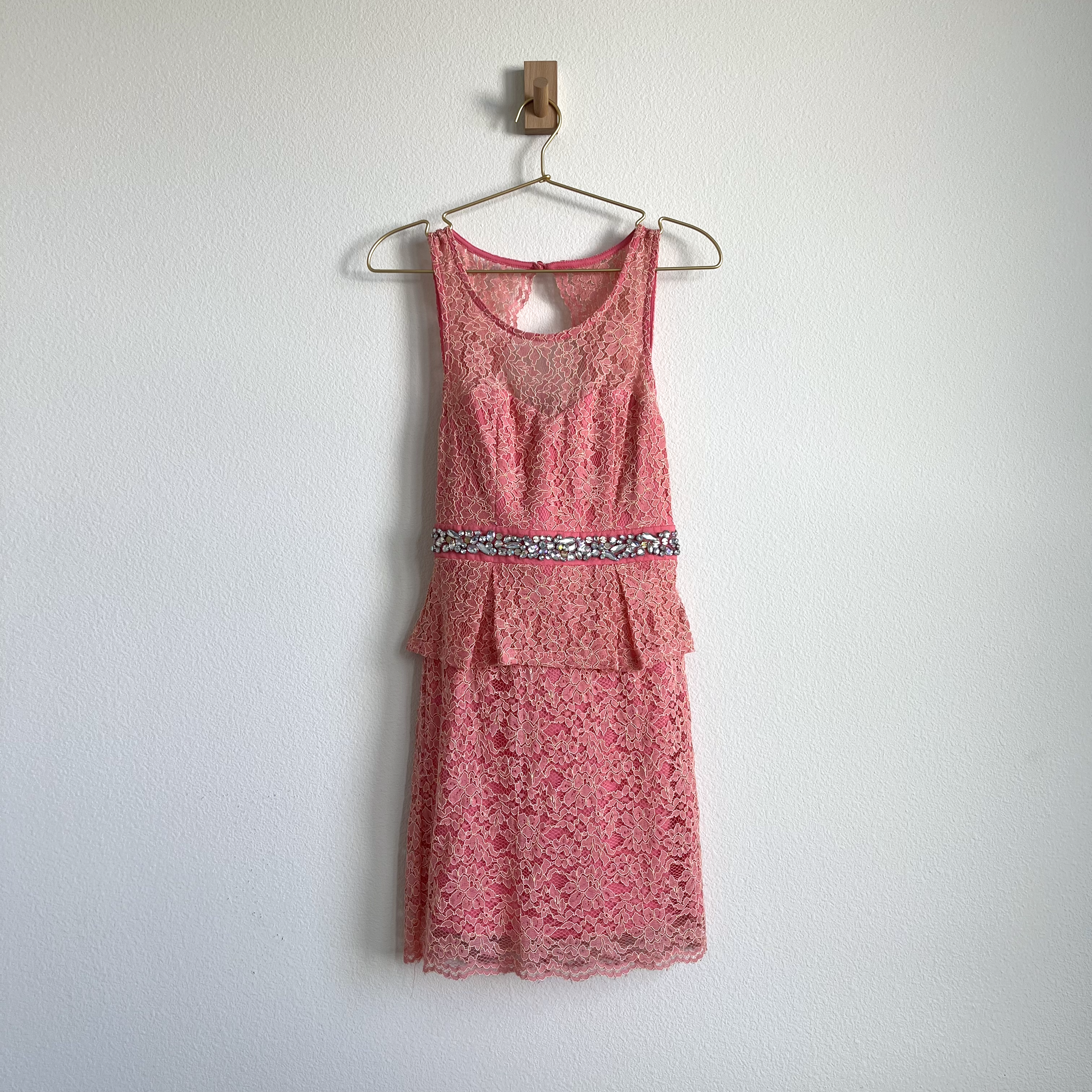 Coral Sleeveless Peplum Dress w/ Lace Overlay & Rhinestone Belt – Size 3