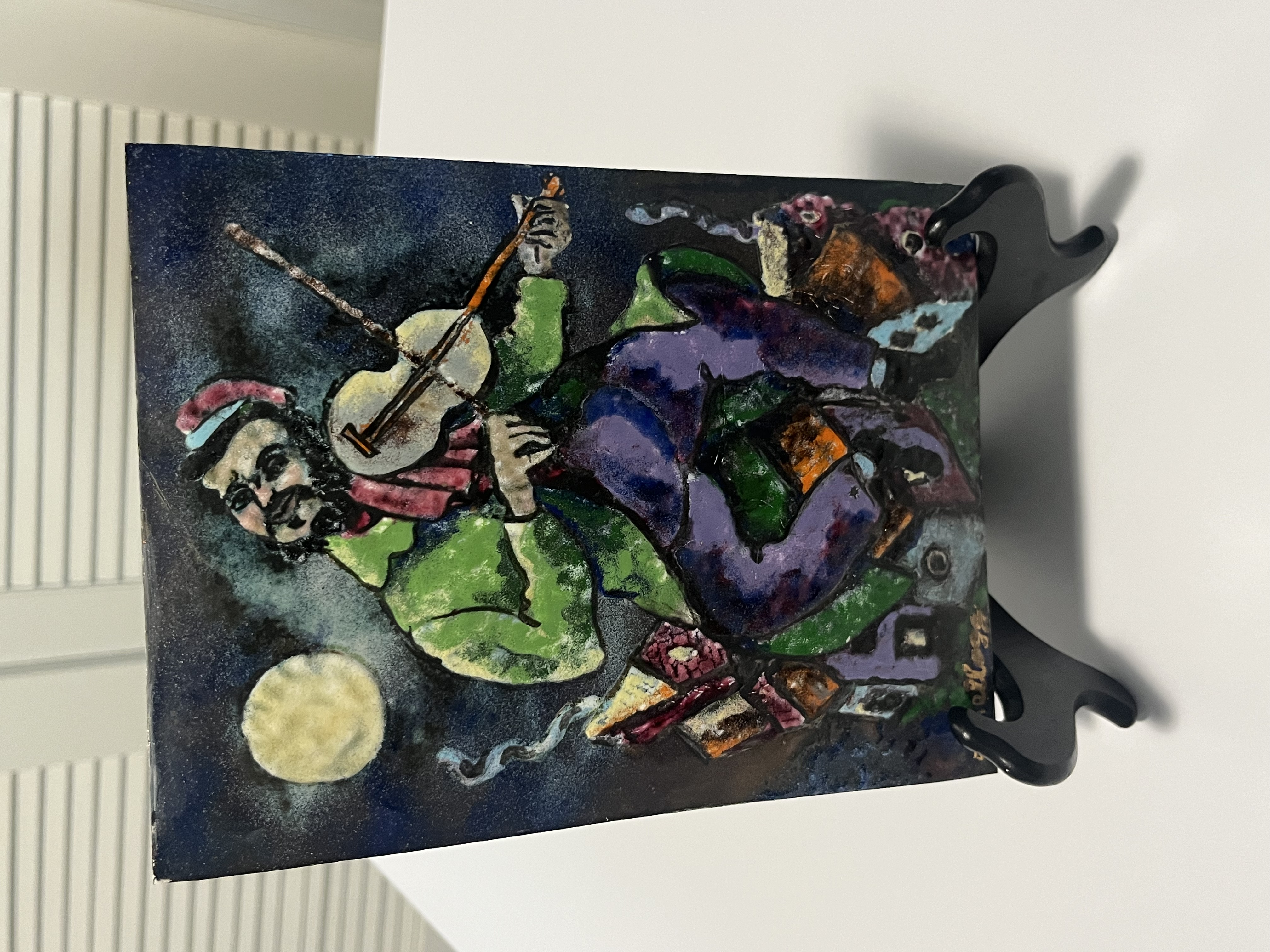 Vintage Colorful enamel on copper painting of Chagall’s fiddler by A. Kellogg